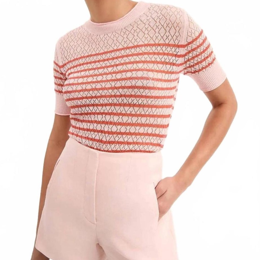 Veronica Beard Pink Short Sleeve Knit Top with Orange Stripe